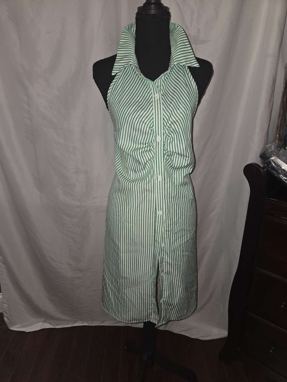 SHEIN Green and White Striped Backless Halter Dress